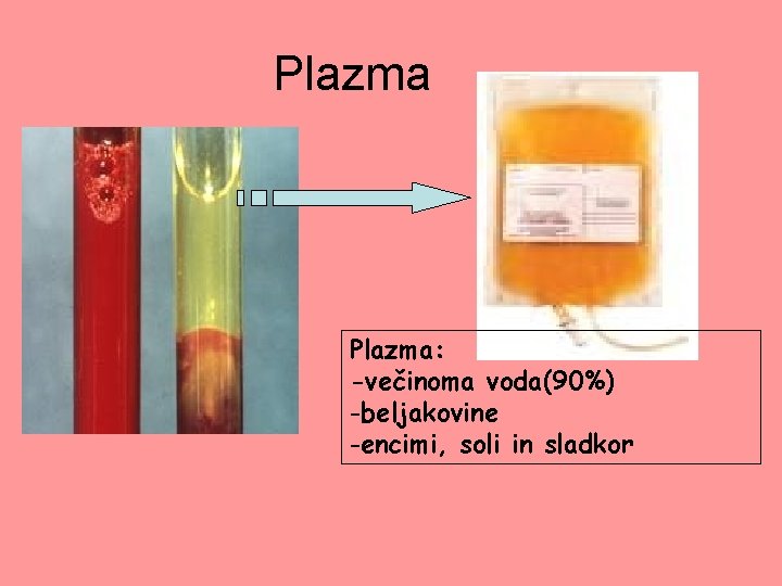 Plazma: -večinoma voda(90%) -beljakovine -encimi, soli in sladkor 