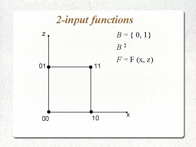 2 -input functions z B = { 0, 1} B 2 01 00 11
