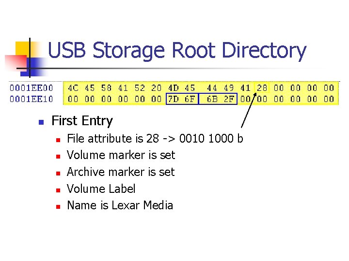 USB Storage Root Directory n First Entry n n n File attribute is 28