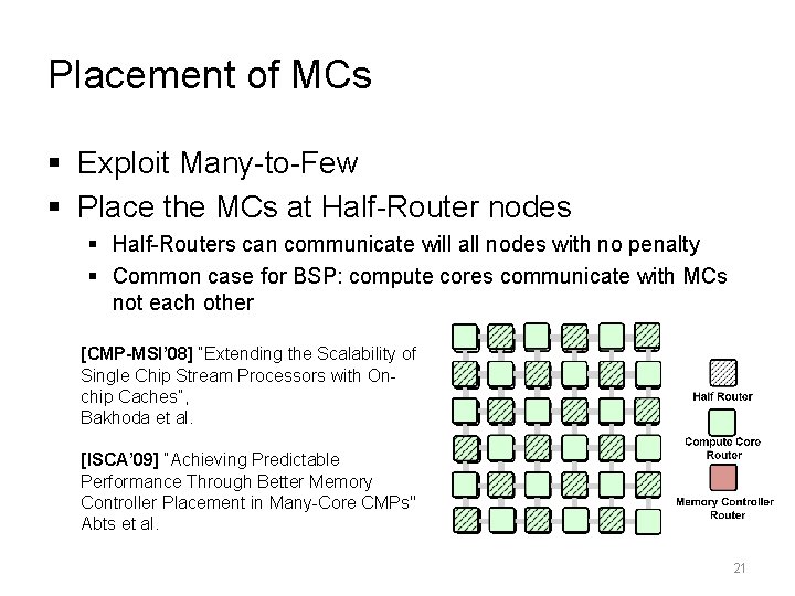 Placement of MCs § Exploit Many-to-Few § Place the MCs at Half-Router nodes §