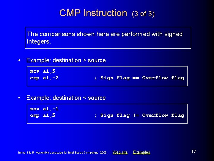 CMP Instruction (3 of 3) The comparisons shown here are performed with signed integers.