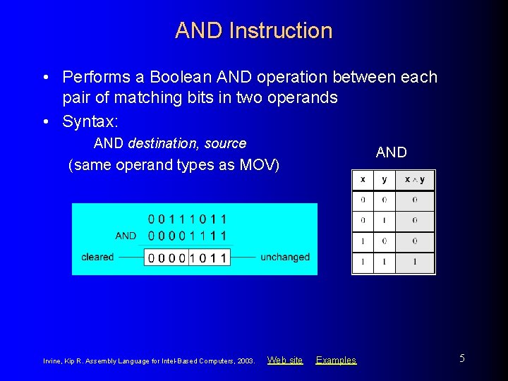 AND Instruction • Performs a Boolean AND operation between each pair of matching bits