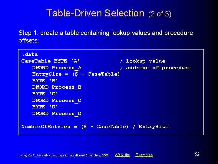 Table-Driven Selection (2 of 3) Step 1: create a table containing lookup values and