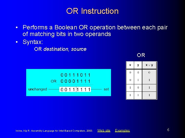 OR Instruction • Performs a Boolean OR operation between each pair of matching bits