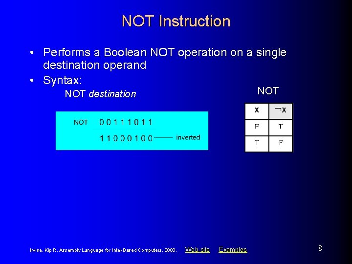 NOT Instruction • Performs a Boolean NOT operation on a single destination operand •