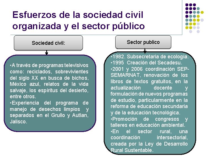 Esfuerzos de la sociedad civil organizada y el sector público Sociedad civil: • A