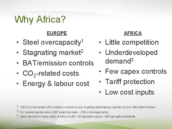 Why Africa? • • • EUROPE AFRICA Steel overcapacity 1 Stagnating market 2 BAT/emission