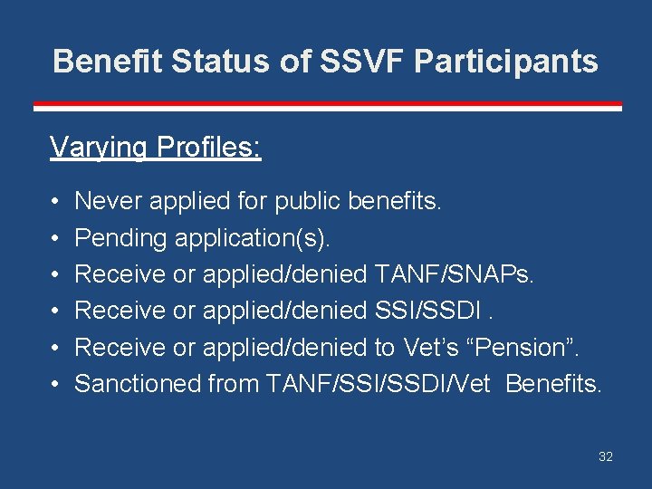 Benefit Status of SSVF Participants Varying Profiles: • • • Never applied for public