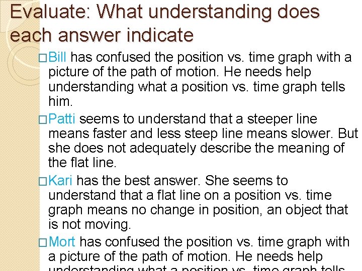Evaluate: What understanding does each answer indicate �Bill has confused the position vs. time