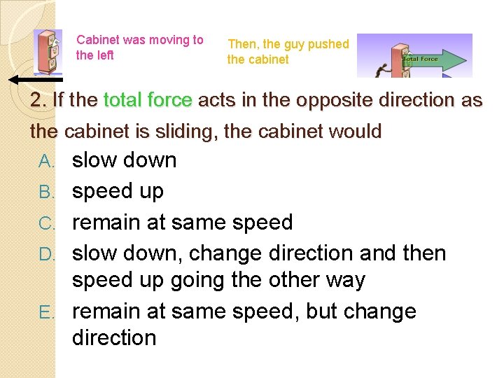 Cabinet was moving to the left Then, the guy pushed the cabinet 2. If