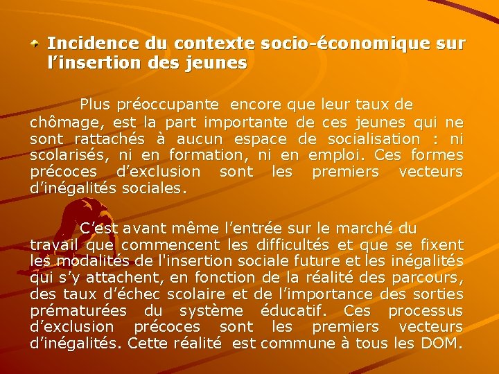 Incidence du contexte socio-économique sur l’insertion des jeunes Plus préoccupante encore que leur taux