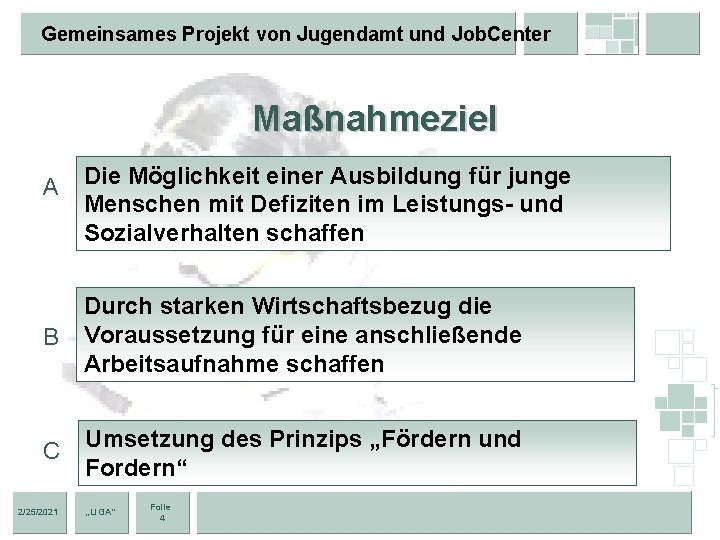 Gemeinsames Projekt von Jugendamt und Job. Center Maßnahmeziel A Die Möglichkeit einer Ausbildung für