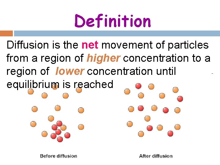 Definition Diffusion is the net movement of particles from a region of higher concentration