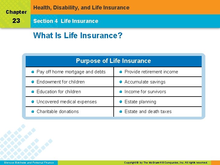 Chapter 23 Health, Disability, and Life Insurance Section 4 Life Insurance What Is Life
