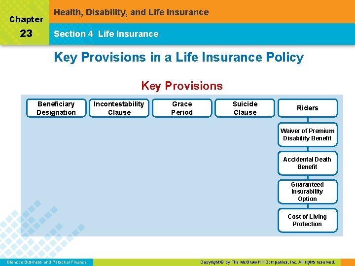 Chapter 23 Health, Disability, and Life Insurance Section 4 Life Insurance Key Provisions in