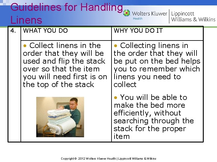 Guidelines for Handling Linens 4. WHAT YOU DO WHY YOU DO IT • Collect