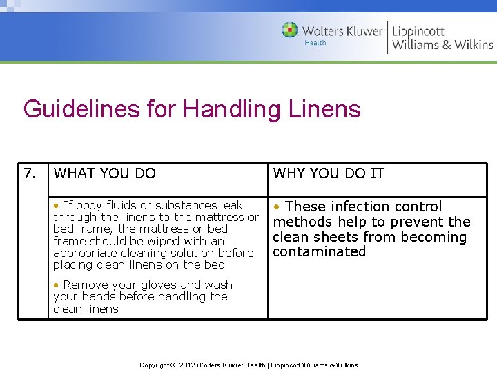 Guidelines for Handling Linens 7. WHAT YOU DO WHY YOU DO IT • If