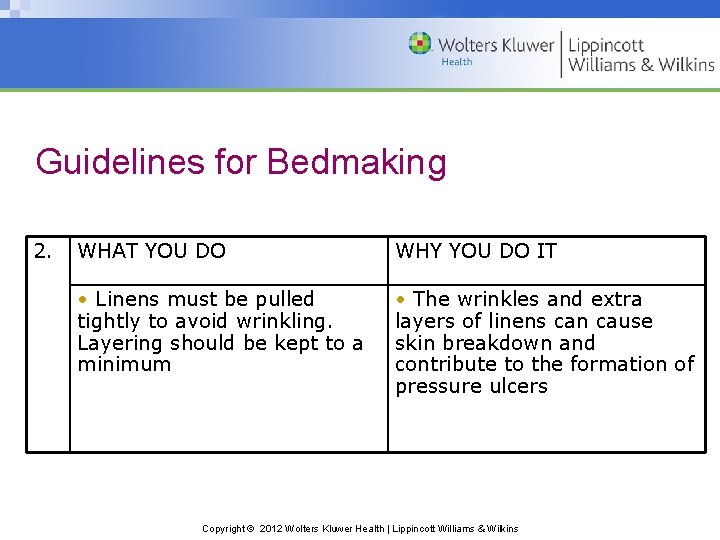 Guidelines for Bedmaking 2. WHAT YOU DO WHY YOU DO IT • Linens must
