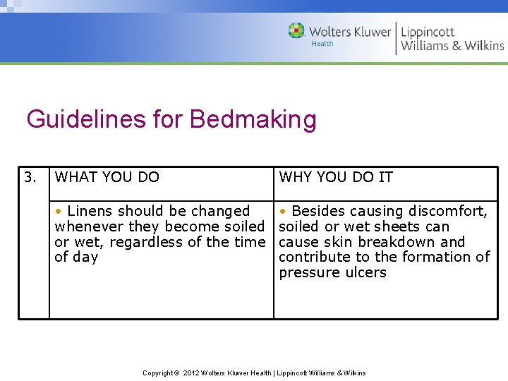 Guidelines for Bedmaking 3. WHAT YOU DO WHY YOU DO IT • Linens should