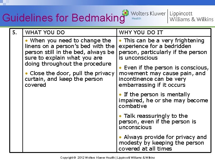 Guidelines for Bedmaking 5. WHAT YOU DO • When you need to change the