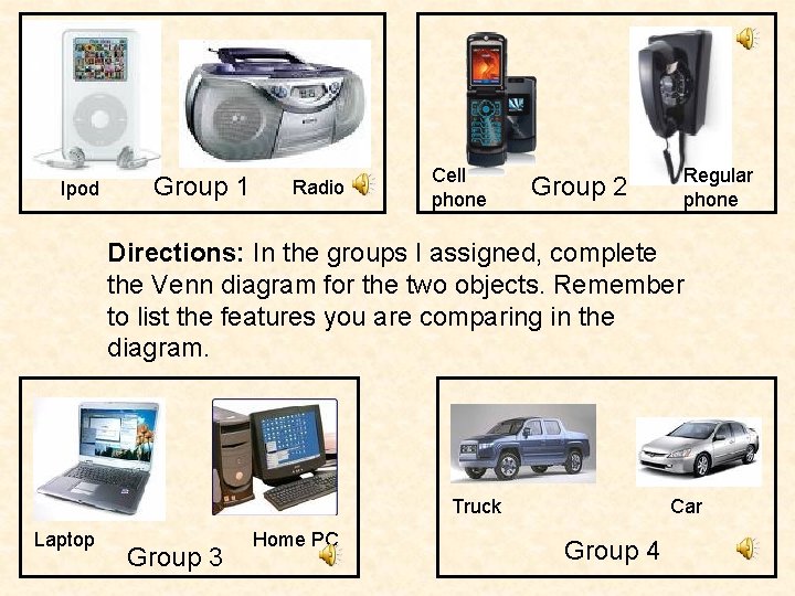 Ipod Group 1 Radio Cell phone Group 2 Regular phone Directions: In the groups