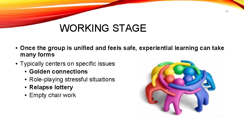 23 WORKING STAGE • Once the group is unified and feels safe, experiential learning