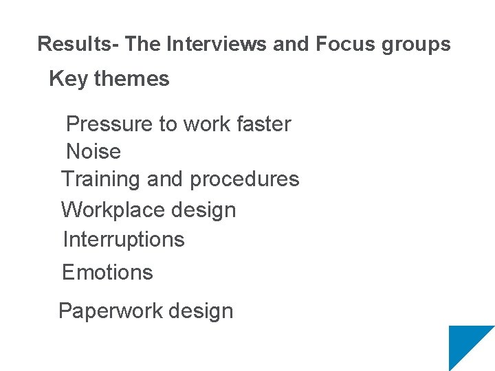 Results- The Interviews and Focus groups Key themes Pressure to work faster Noise Training