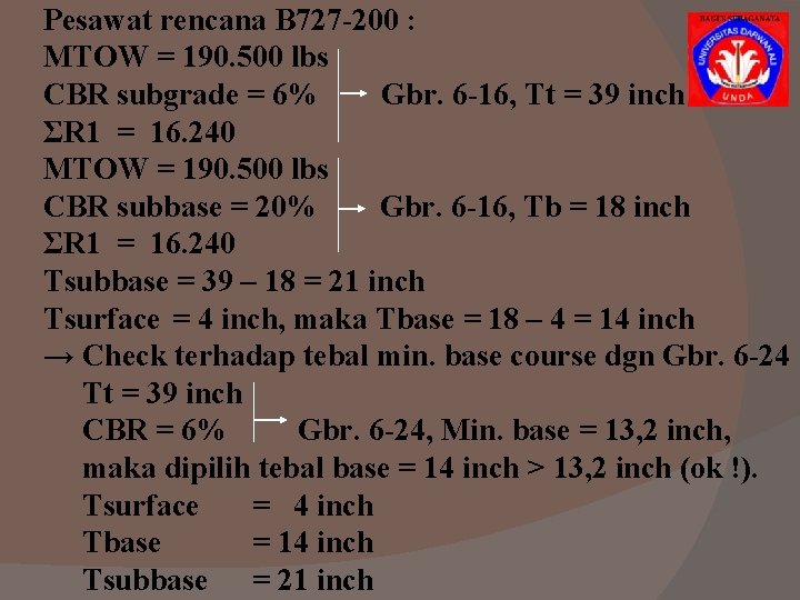 Pesawat rencana B 727 -200 : MTOW = 190. 500 lbs CBR subgrade = Pesawat rencana B 727 -200 : MTOW = 190. 500 lbs CBR subgrade =