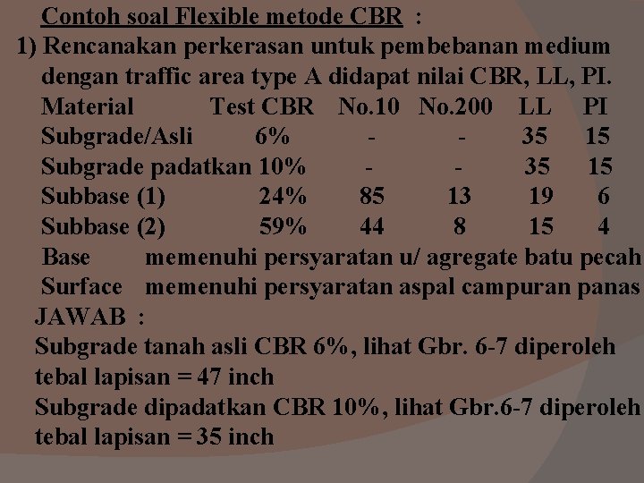 Contoh soal Flexible metode CBR : 1) Rencanakan perkerasan untuk pembebanan medium dengan traffic Contoh soal Flexible metode CBR : 1) Rencanakan perkerasan untuk pembebanan medium dengan traffic