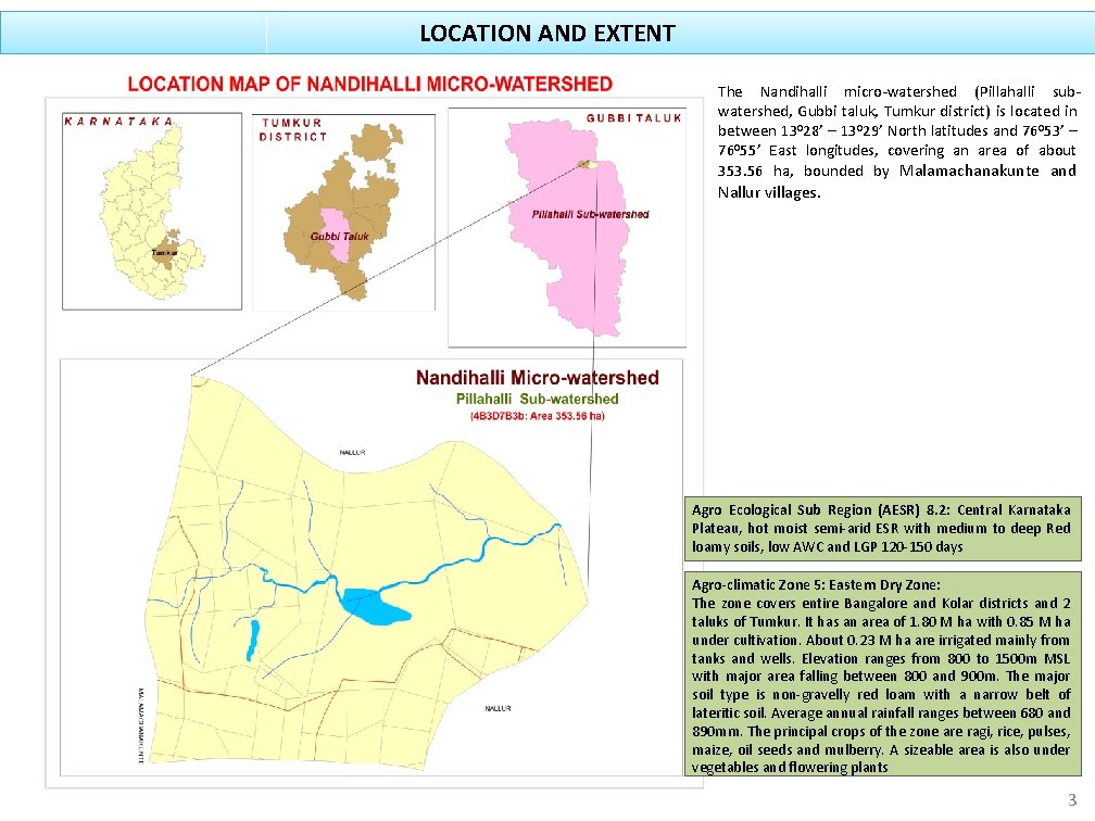 LOCATION AND EXTENT The Nandihalli micro-watershed (Pillahalli subwatershed, Gubbi taluk, Tumkur district) is located