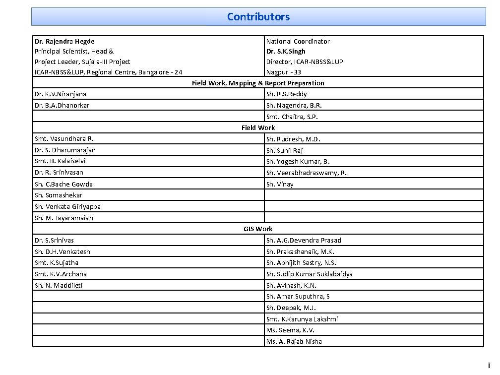 Contributors Dr. Rajendra Hegde Principal Scientist, Head & Project Leader, Sujala-III Project ICAR-NBSS&LUP, Regional