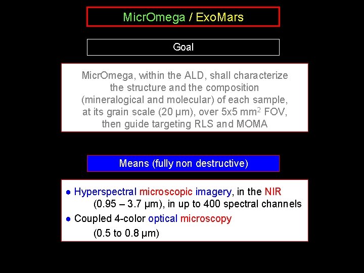 Micr. Omega / Exo. Mars Goal Micr. Omega, within the ALD, shall characterize the