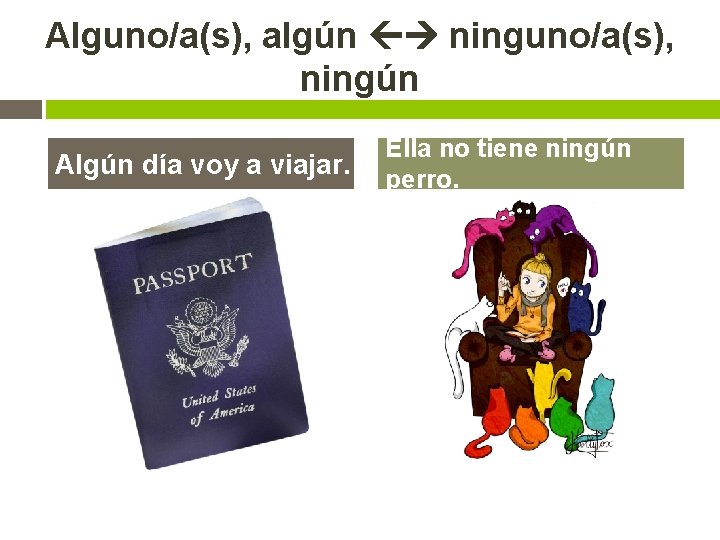 Alguno/a(s), algún ninguno/a(s), ningún Algún día voy a viajar. Ella no tiene ningún perro.