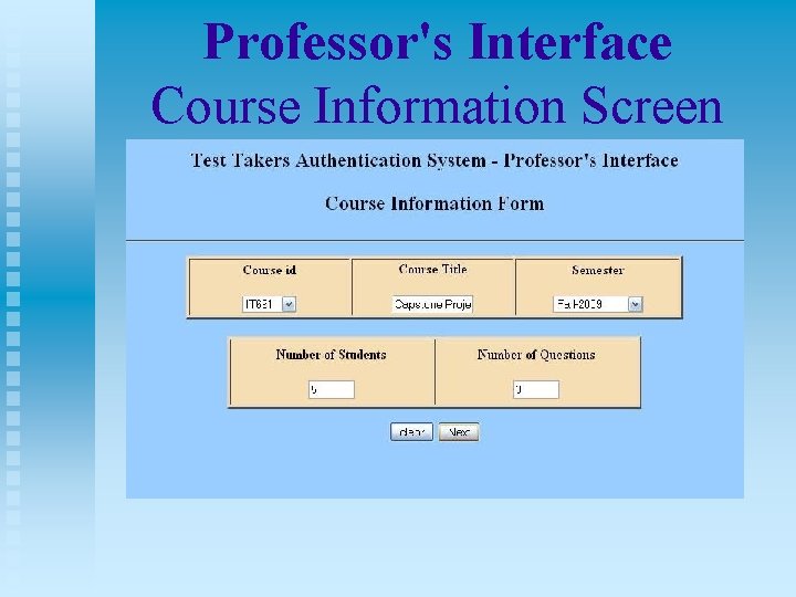 Professor's Interface Course Information Screen 