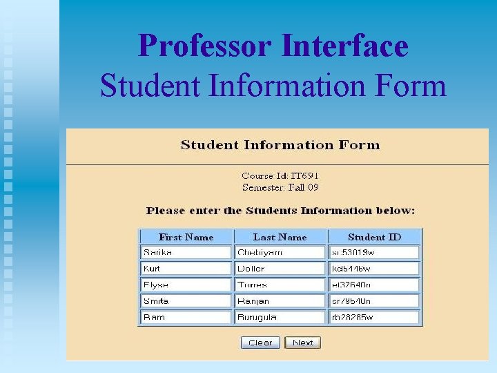 Professor Interface Student Information Form 