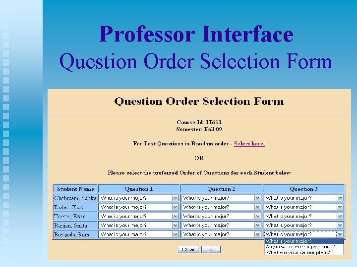 Professor Interface Question Order Selection Form 