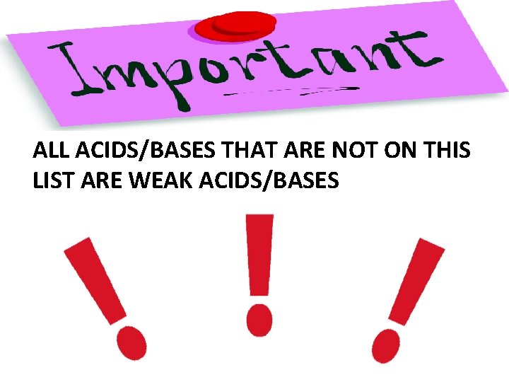 ALL ACIDS/BASES THAT ARE NOT ON THIS LIST ARE WEAK ACIDS/BASES 