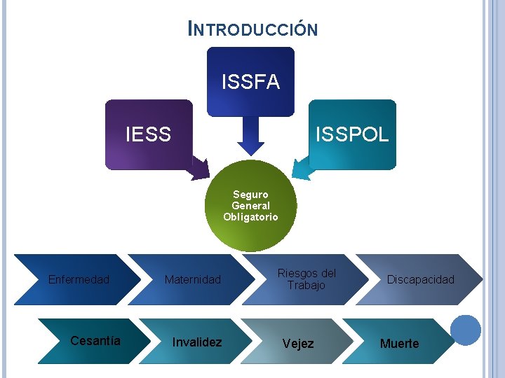 INTRODUCCIÓN ISSFA IESS ISSPOL Seguro General Obligatorio Enfermedad Cesantía Maternidad Invalidez Riesgos del Trabajo