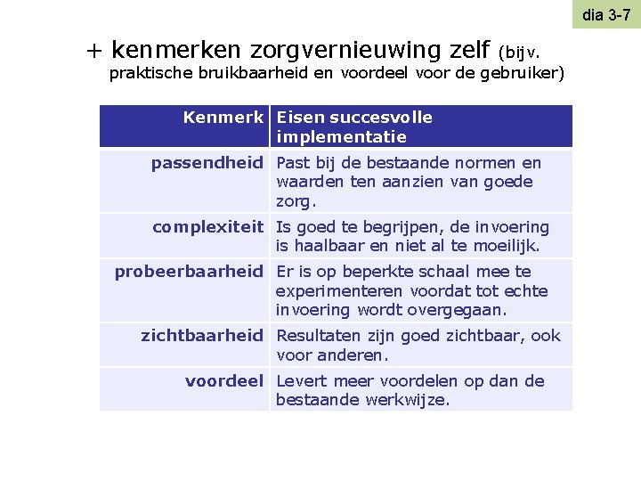 dia 3 -7 + kenmerken zorgvernieuwing zelf (bijv. praktische bruikbaarheid en voordeel voor de