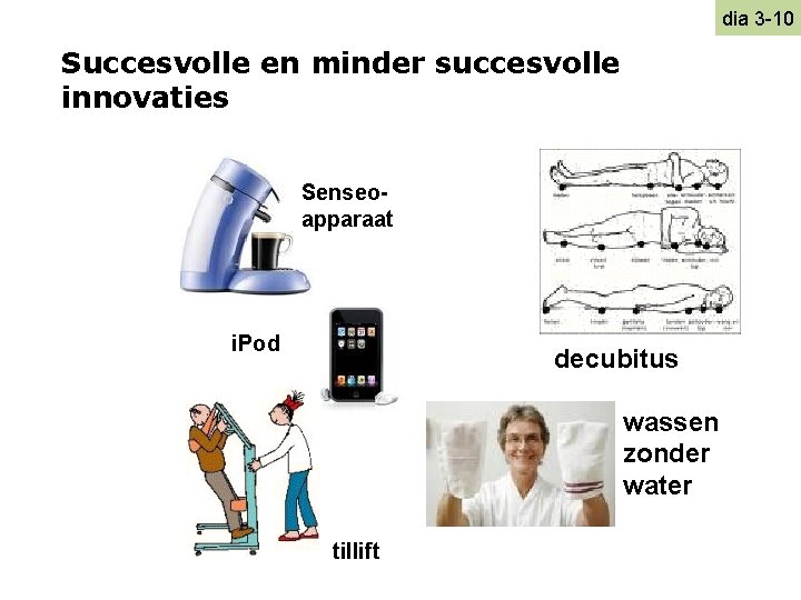 dia 3 -10 Succesvolle en minder succesvolle innovaties Senseoapparaat i. Pod decubitus wassen zonder