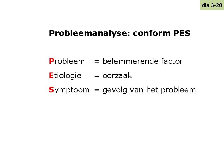 dia 3 -20 Probleemanalyse: conform PES Probleem = belemmerende factor Etiologie = oorzaak Symptoom