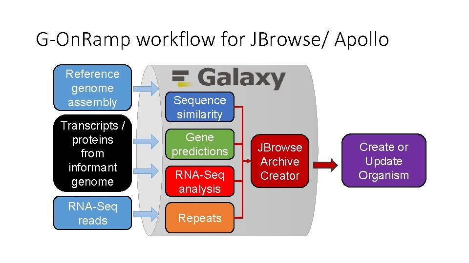 G-On. Ramp workflow for JBrowse/ Apollo Reference genome assembly Transcripts / proteins from informant