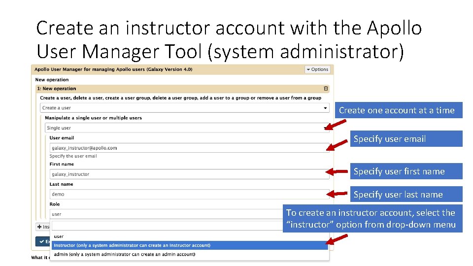 Create an instructor account with the Apollo User Manager Tool (system administrator) Create one