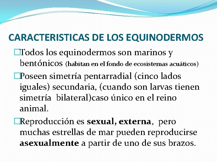 CARACTERISTICAS DE LOS EQUINODERMOS �Todos los equinodermos son marinos y bentónicos (habitan en el