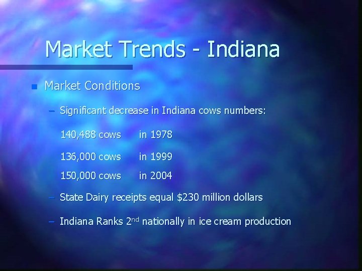 Market Trends - Indiana n Market Conditions – Significant decrease in Indiana cows numbers: