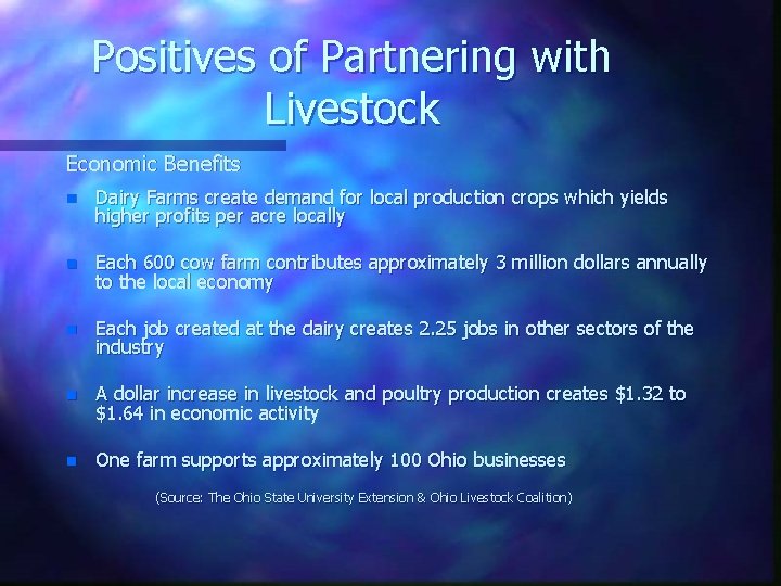 Positives of Partnering with Livestock Economic Benefits n Dairy Farms create demand for local