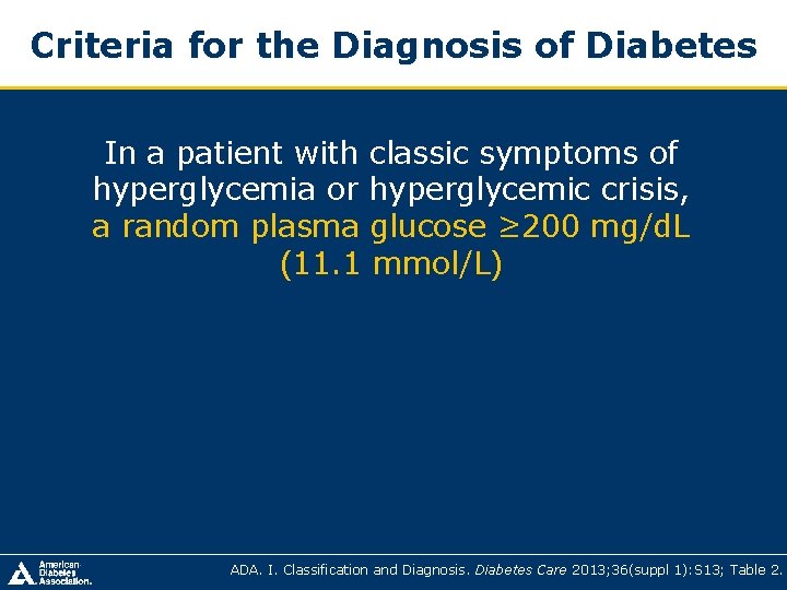 Criteria for the Diagnosis of Diabetes In a patient with classic symptoms of hyperglycemia Criteria for the Diagnosis of Diabetes In a patient with classic symptoms of hyperglycemia