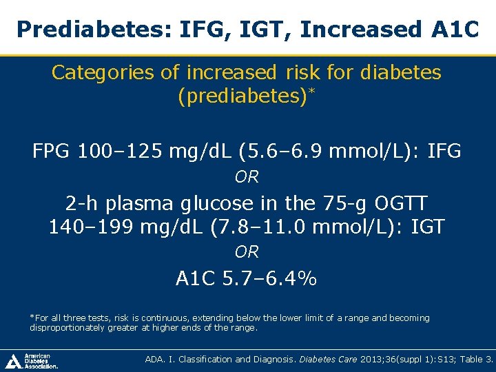 Prediabetes: IFG, IGT, Increased A 1 C Categories of increased risk for diabetes (prediabetes)* Prediabetes: IFG, IGT, Increased A 1 C Categories of increased risk for diabetes (prediabetes)*