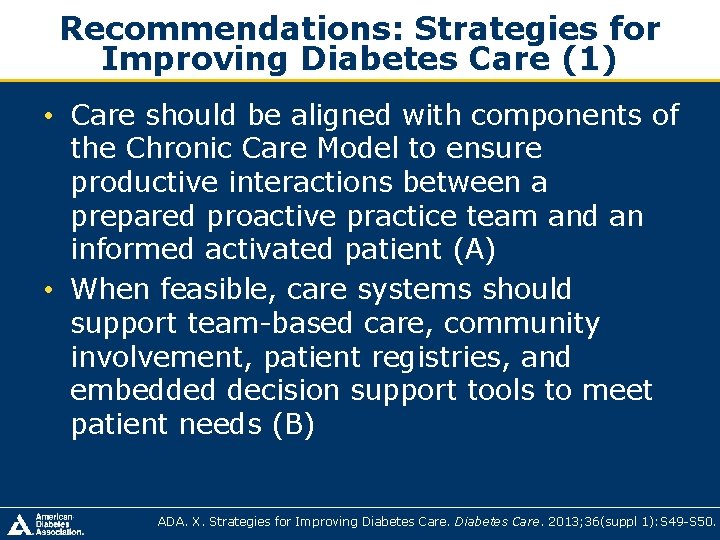 Recommendations: Strategies for Improving Diabetes Care (1) • Care should be aligned with components Recommendations: Strategies for Improving Diabetes Care (1) • Care should be aligned with components