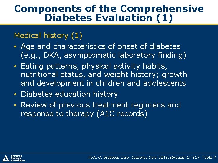 Components of the Comprehensive Diabetes Evaluation (1) Medical history (1) • Age and characteristics Components of the Comprehensive Diabetes Evaluation (1) Medical history (1) • Age and characteristics